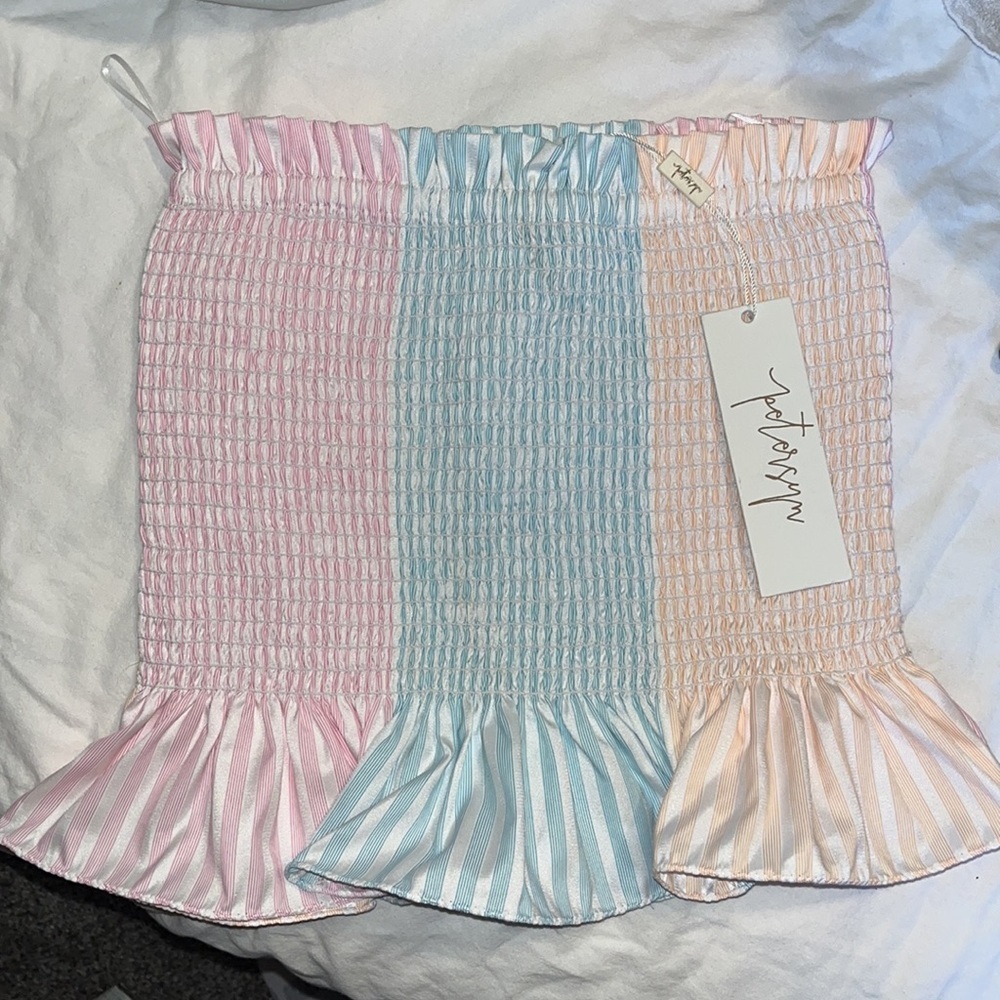 Petersyn Tutti Pink Blue Orange Smocked Ruffle Marianna Strapless Top XS NWT